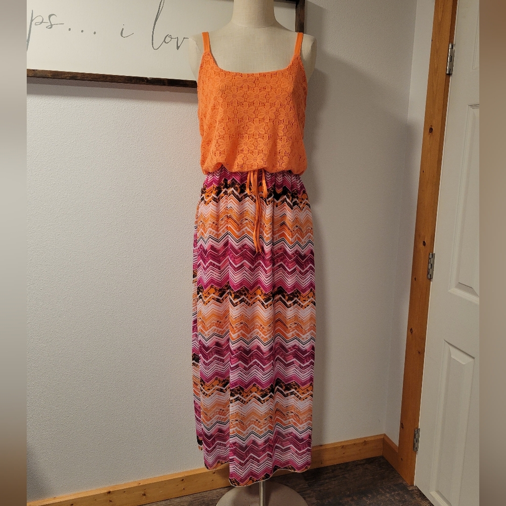 Faded Glory Orange and Multicolor Chevron Maxi Dress